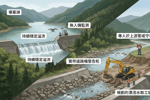 萬里溪堰塞湖持續穩定溢流 河道有條件開放灌溉取水施工